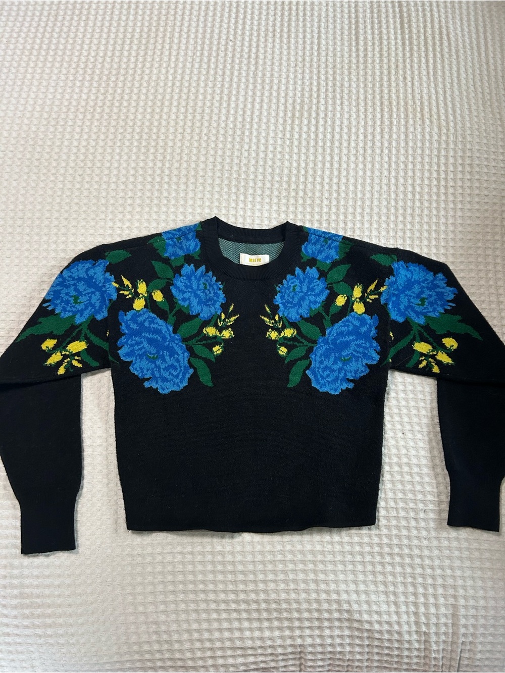 Maeve Anthropologie Black Blue Floral Knit Sweater Top XXS